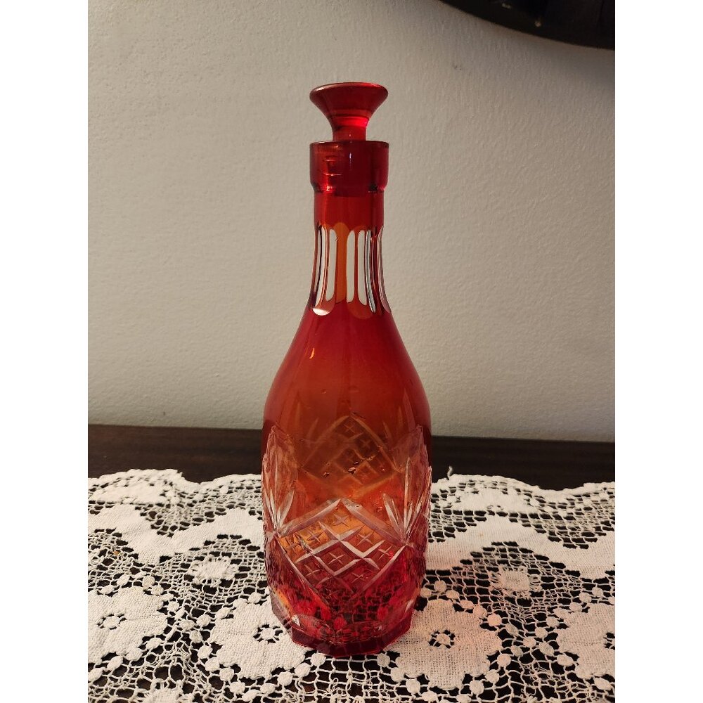 Czech Bohemian glass, Red/Orange cut to clear decanter with top, Art glass, etch